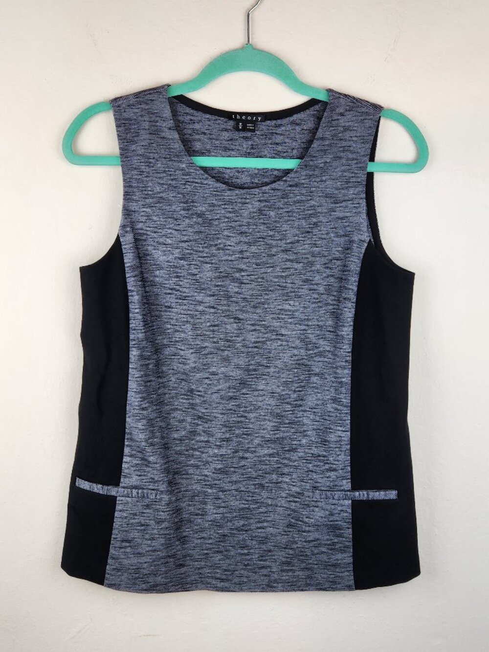 Theory Heather Gray Black Sleeveless Tank Top Blouse Pockets sz M
